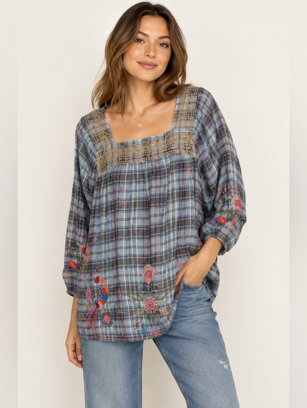 Johnny Was Workshop Embroidered Plaid Cotton Peasant Blouse Size Small Boho